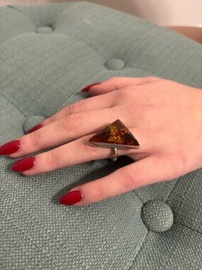 Sterling Silver Triangle Amber Statement Ring - Brown Amber